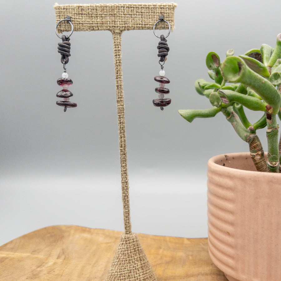Garnet and aquamarine sterling silver leather drop earrings