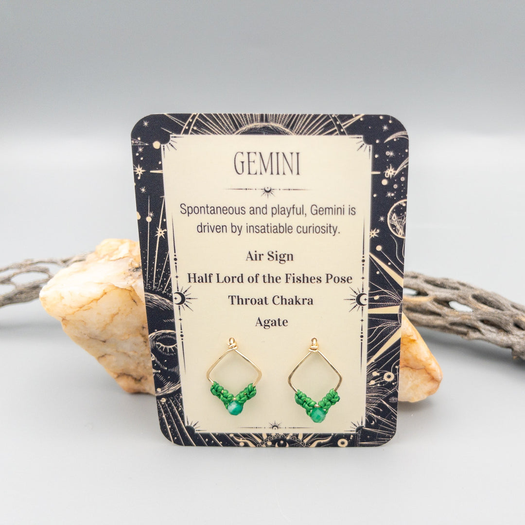 Gemini green agate earrings in gold fill  on card