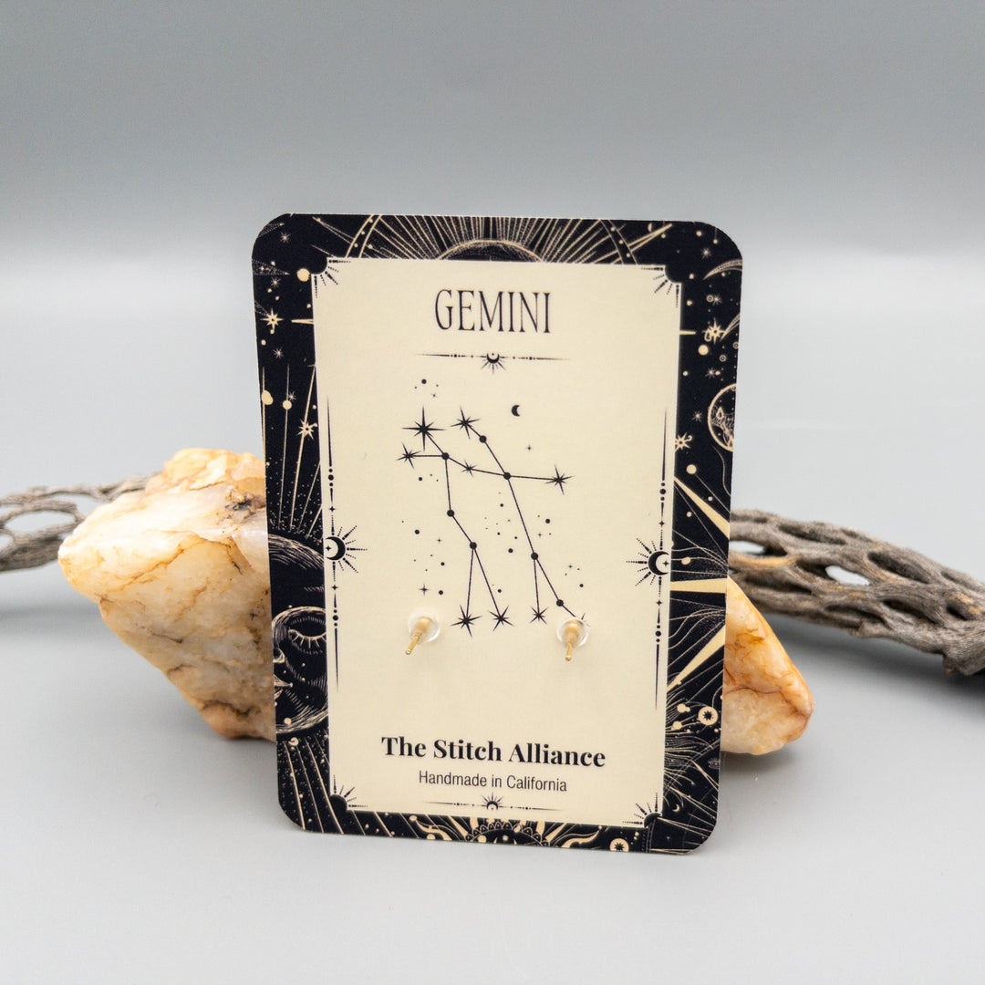 Gemini green agate earrings in gold fill  back of card