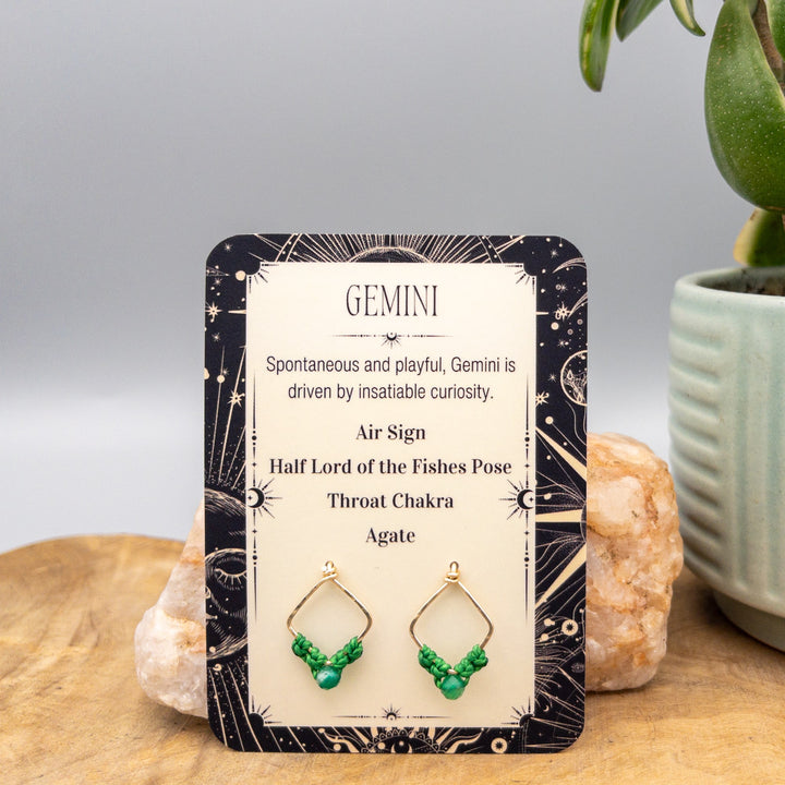Gemini green agate earrings in gold fill with  a gift card
