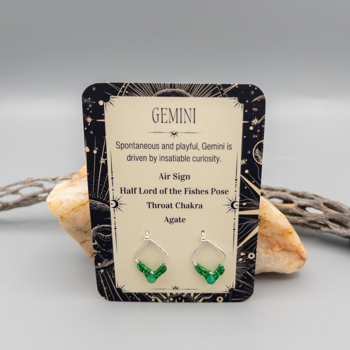 Gemini agate earrings in sterling silver showing the front of the card