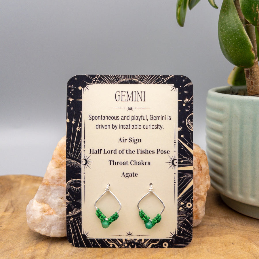 Gemini agate earrings in sterling silver on a gift card