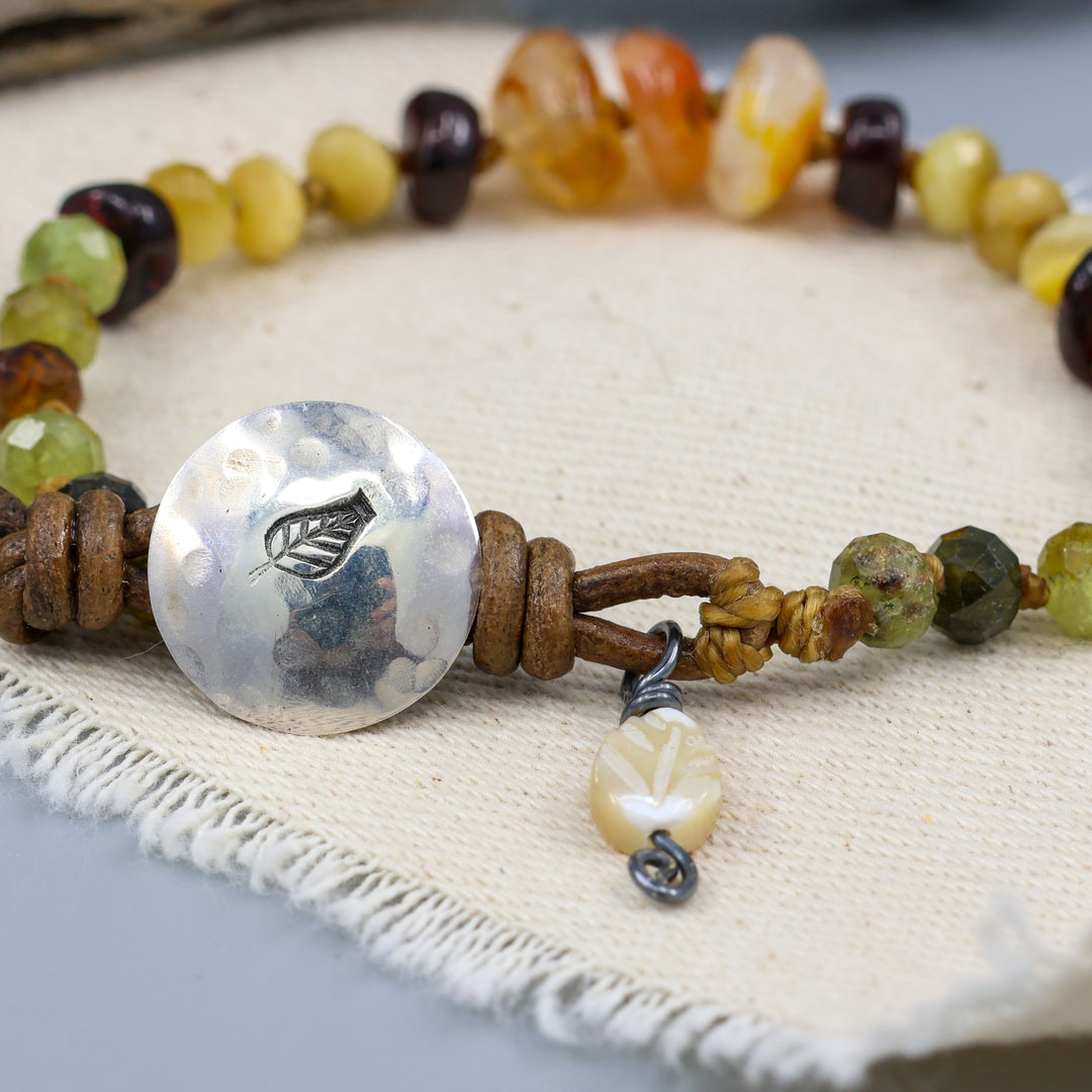 Agate, Citrine, and Garnet Leather & Silver Button Bracelet
