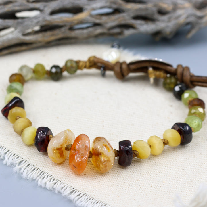 Agate, Citrine, and Garnet Leather & Silver Button Bracelet
