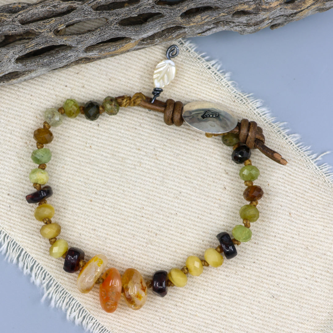 Agate, Citrine, and Garnet Leather & Silver Button Bracelet