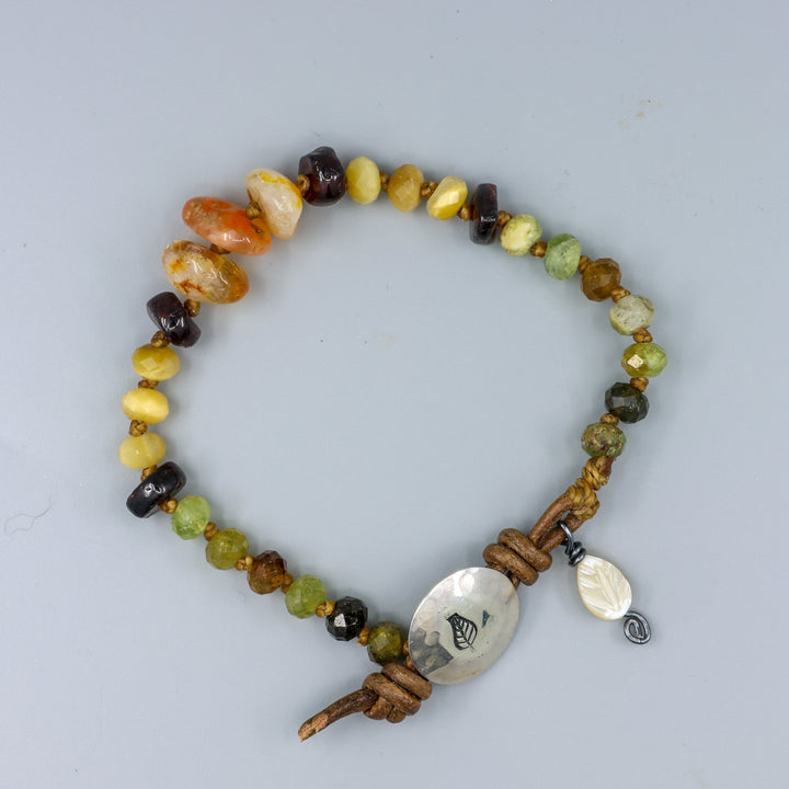 Agate, Citrine, and Garnet Leather & Silver Button Bracelet