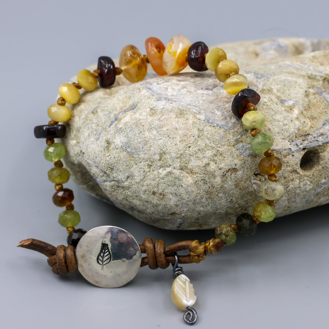 Agate, Citrine, and Garnet Leather & Silver Button Bracelet