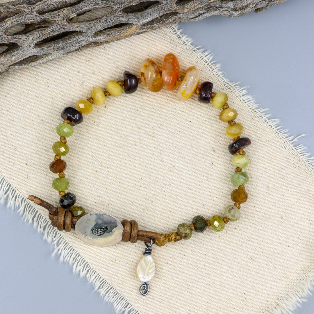 Agate, Citrine, and Garnet Leather & Silver Button Bracelet