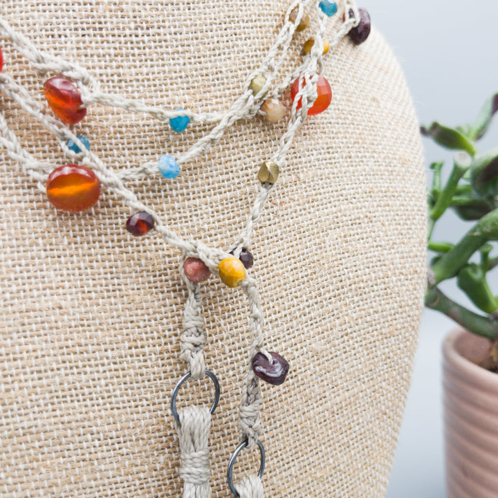 gemstone crochet necklace with tassels close up