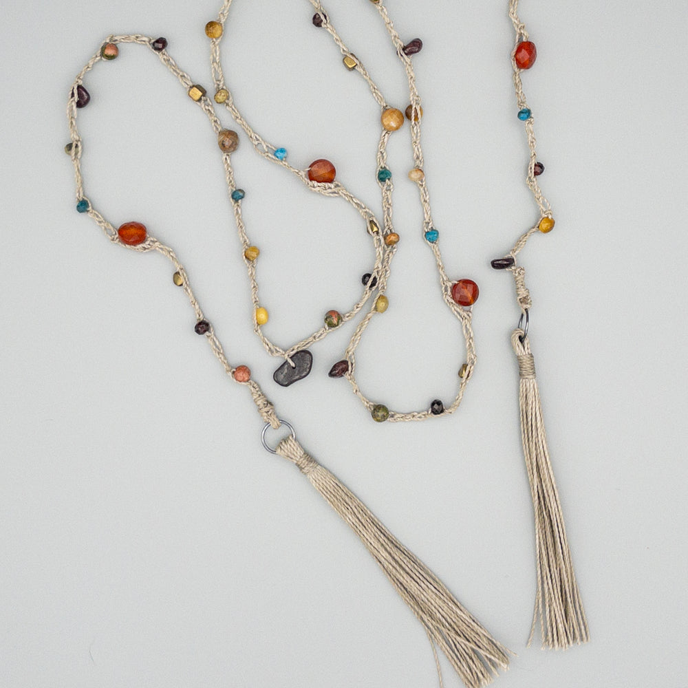 garnet, carnelian, picture jasper, and apatite gemstone crochet necklace with tassels