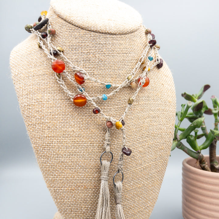 gemstone crochet necklace with tassels