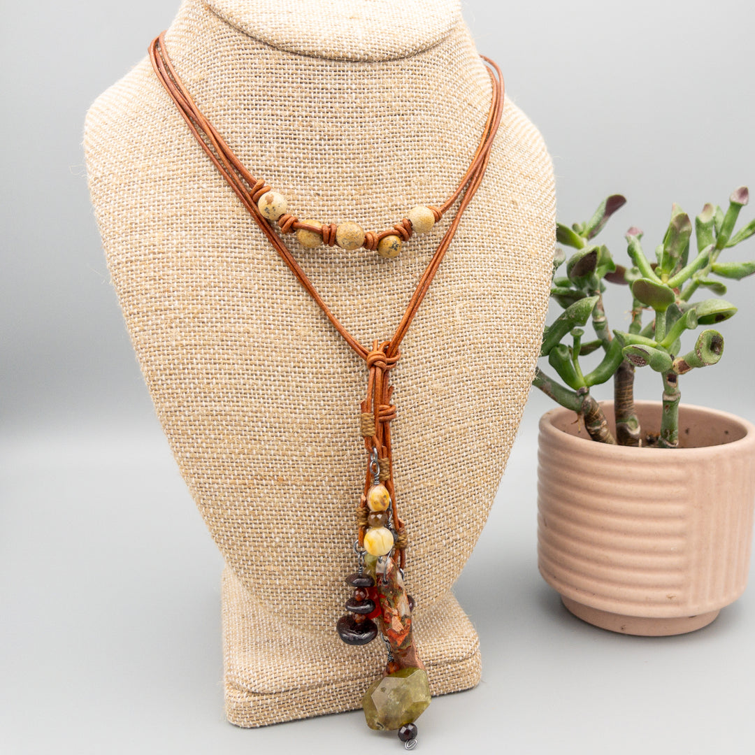 leather and gemstone lariat necklace