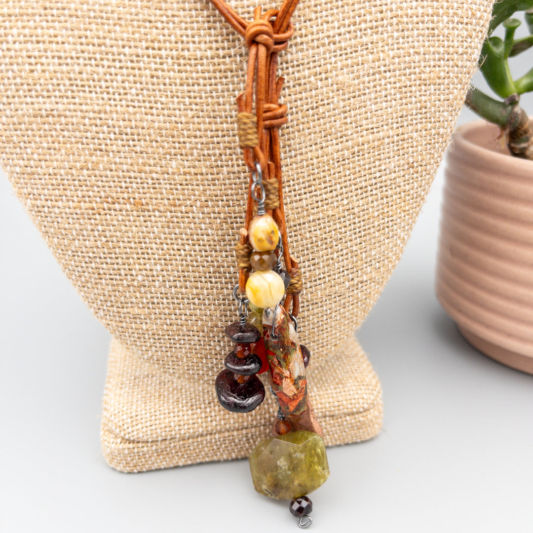 Gemstone leather lariat necklace