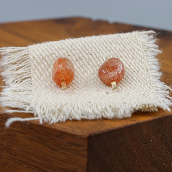 handmade sunstone gold fill stud earrings close up