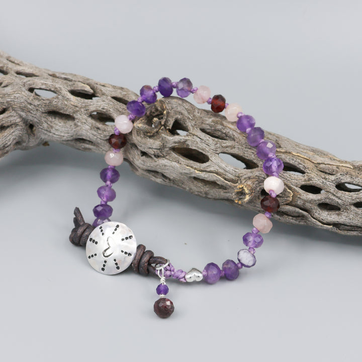 heart stamped button, amethyst, rose quartz, and garnet beaded bracelet