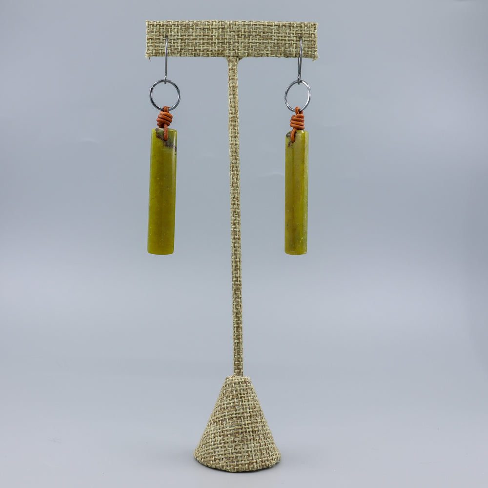southwest inspired handmade african jade, leather, and oxidized sterling silver earrings