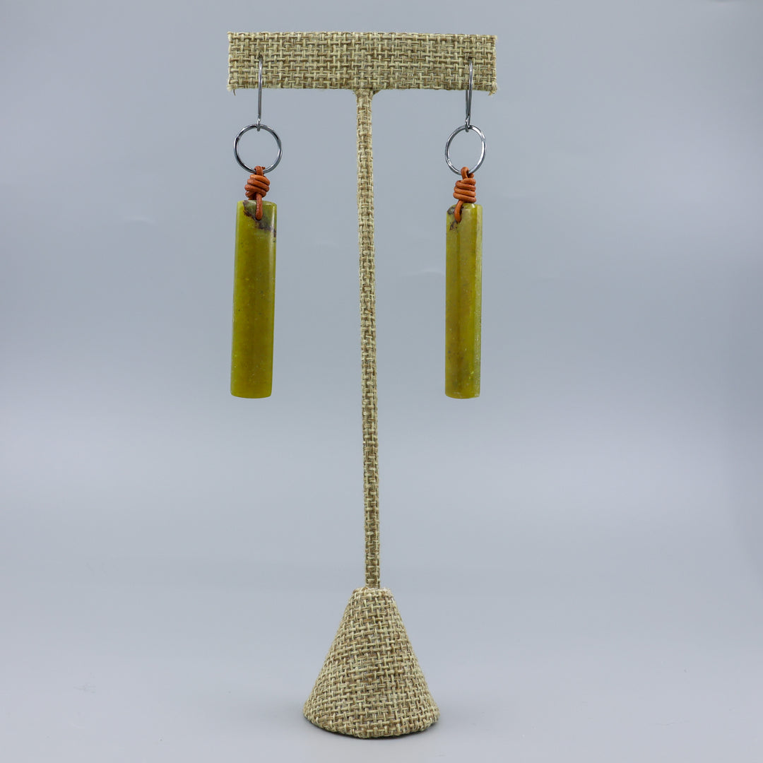 southwest inspired handmade african jade, leather, and oxidized sterling silver earrings