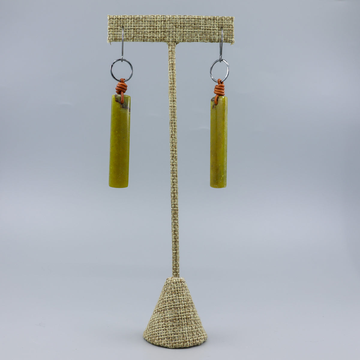 southwest inspired handmade african jade, leather, and oxidized sterling silver earrings