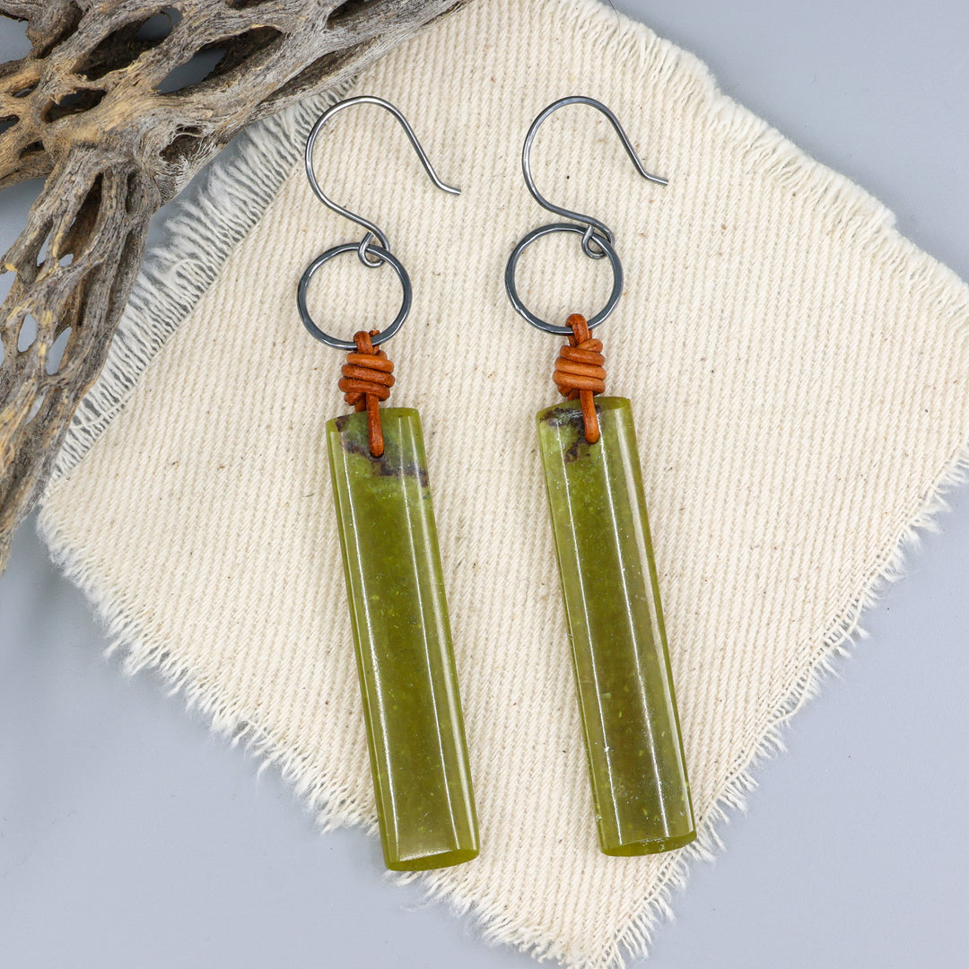 handmade african jade, leather, and oxidized sterling silver earrings