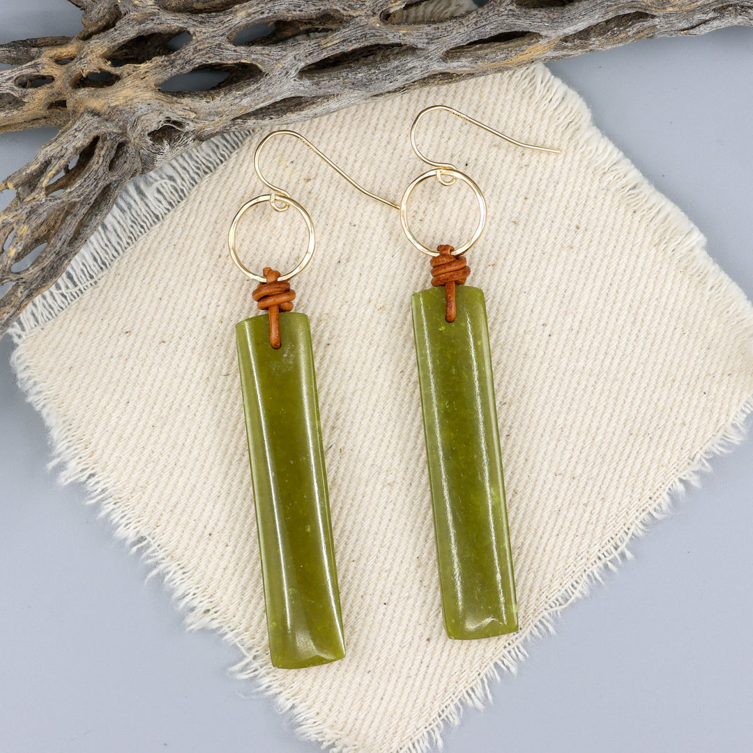 handmade african jade, leather, and gold fill earrings