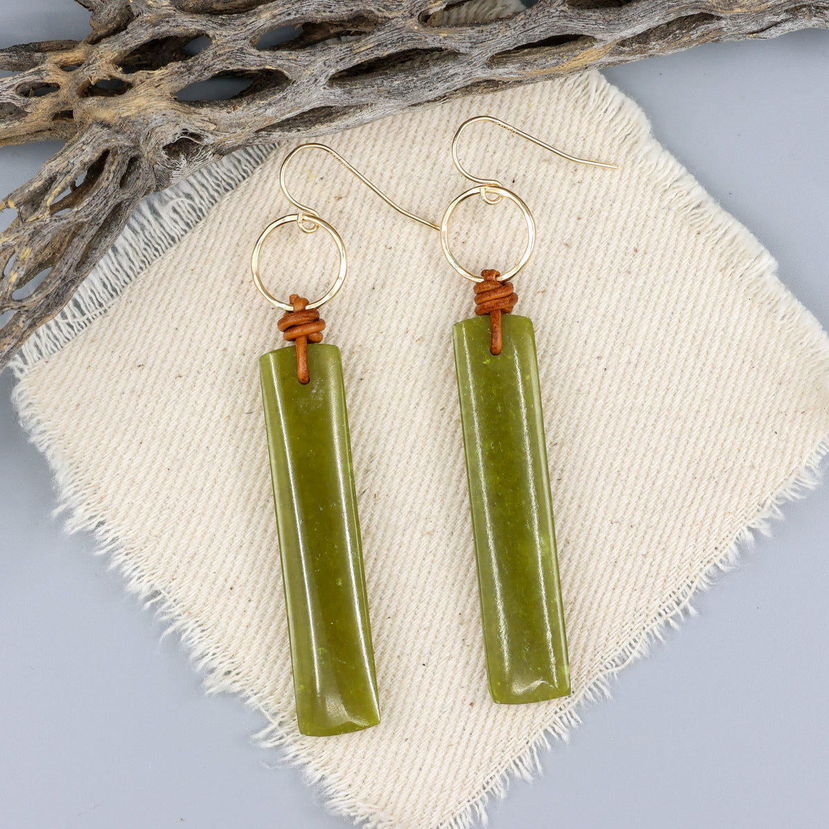 handmade african jade, leather, and gold fill earrings