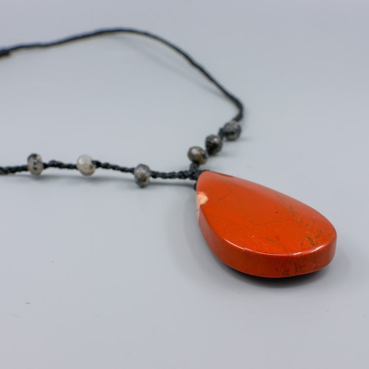 red jasper & larvikite bradied necklace with sterling silver clasp