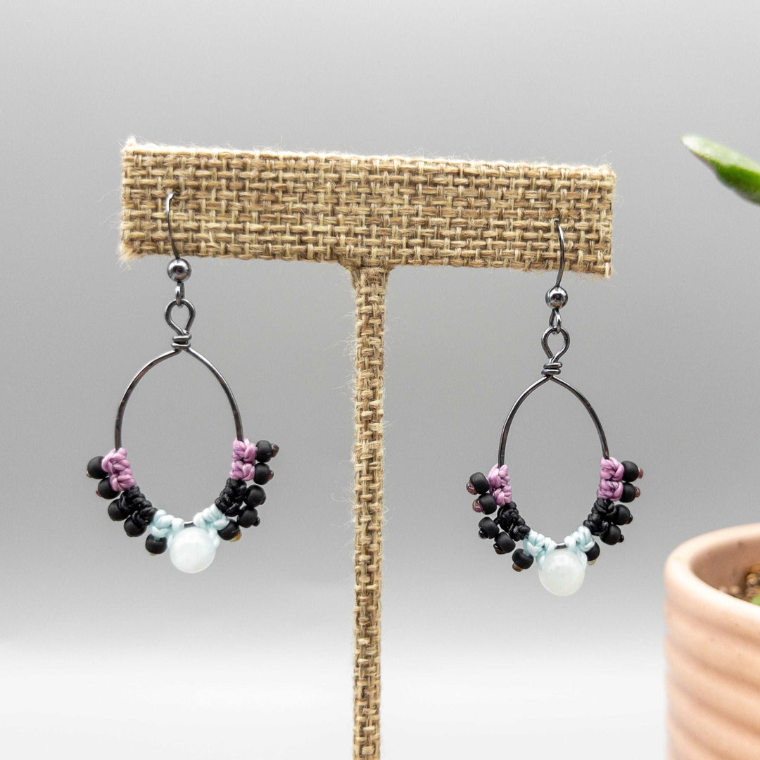 macrame hoop earrings sterling silver, aquamarine beads