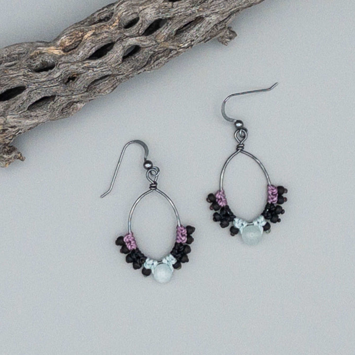 macrame hoop earrings sterling silver, aquamarine beads on a gray background