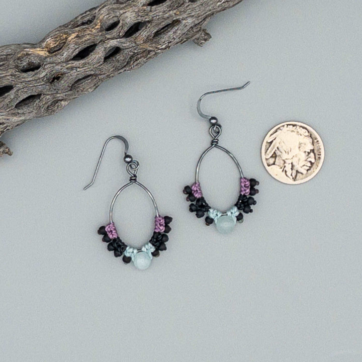 macrame hoop earrings sterling silver, aquamarine beads