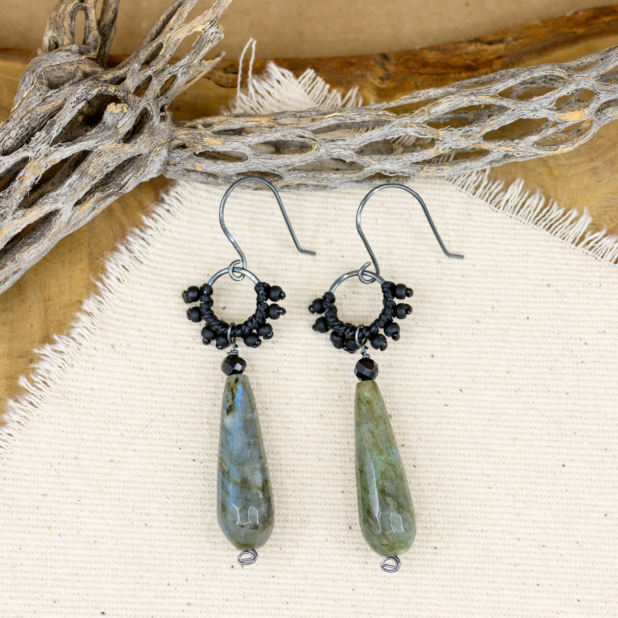 handmade labradorite & black spinel oxidized sterling silver earrings