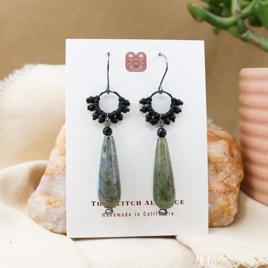 labradorite & black spinel oxidized sterling silver earrings on white card