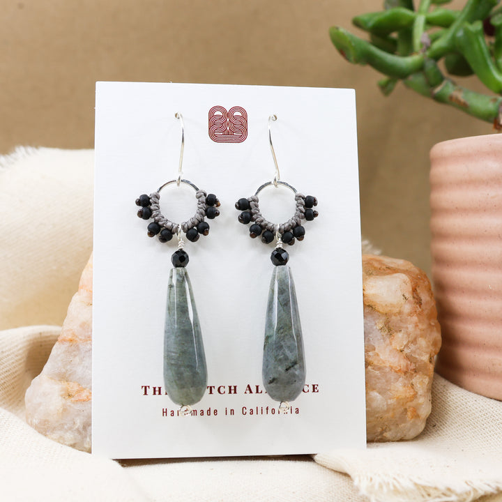 handmade sterling silver, labradorite, black spinel earrings