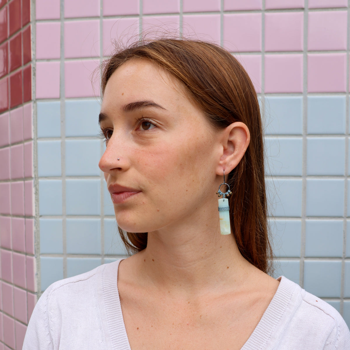 handmade amazonite and macrame oxidized sterling silver statement earrings worn on a model
