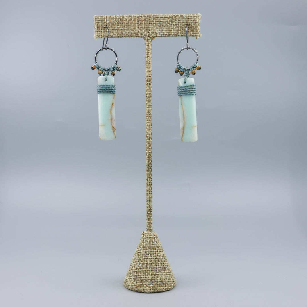 sedona inspired amazonite, sterling silver, macrame earrings on linen hanger