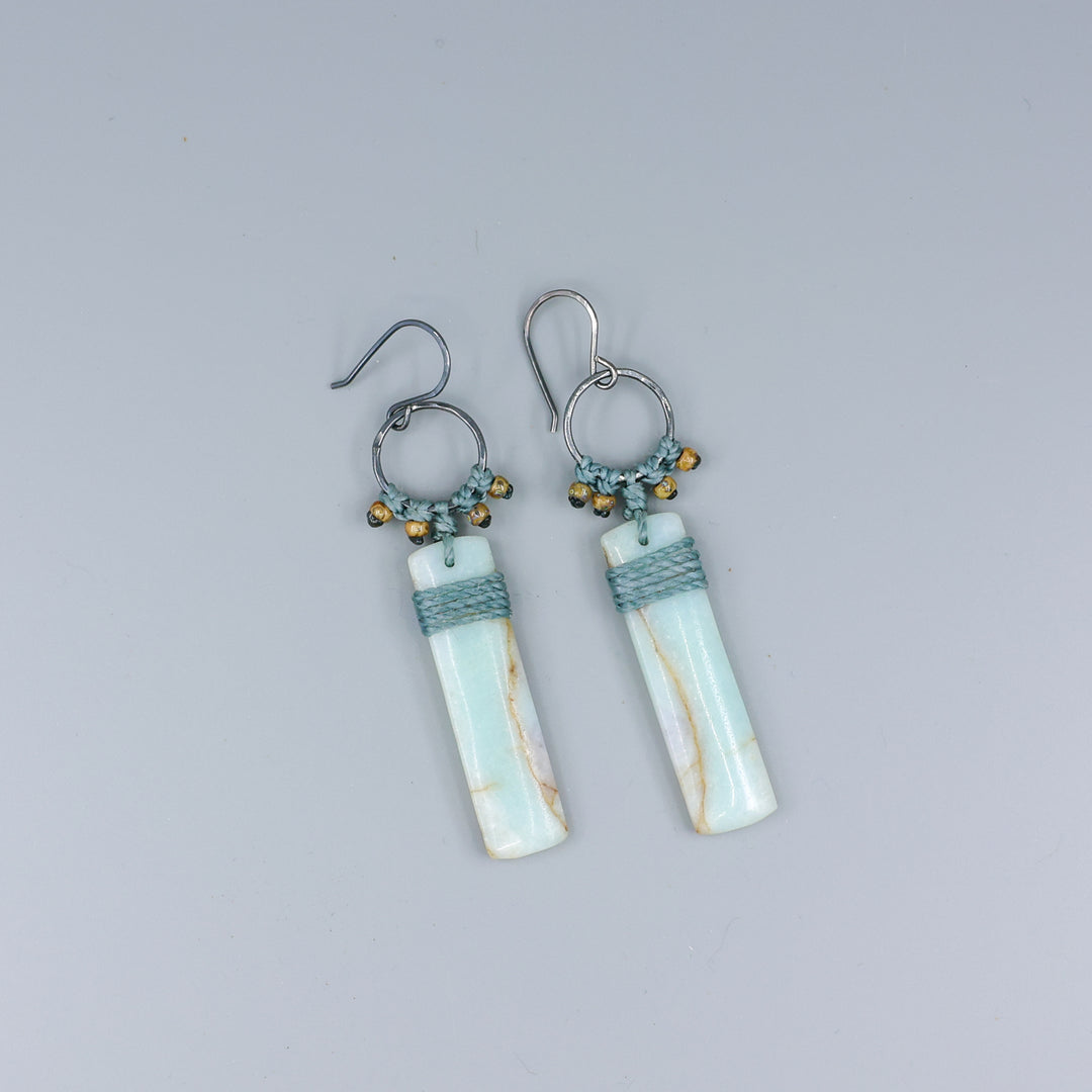 sedona inspired amazonite, sterling silver, macrame earrings on gray background