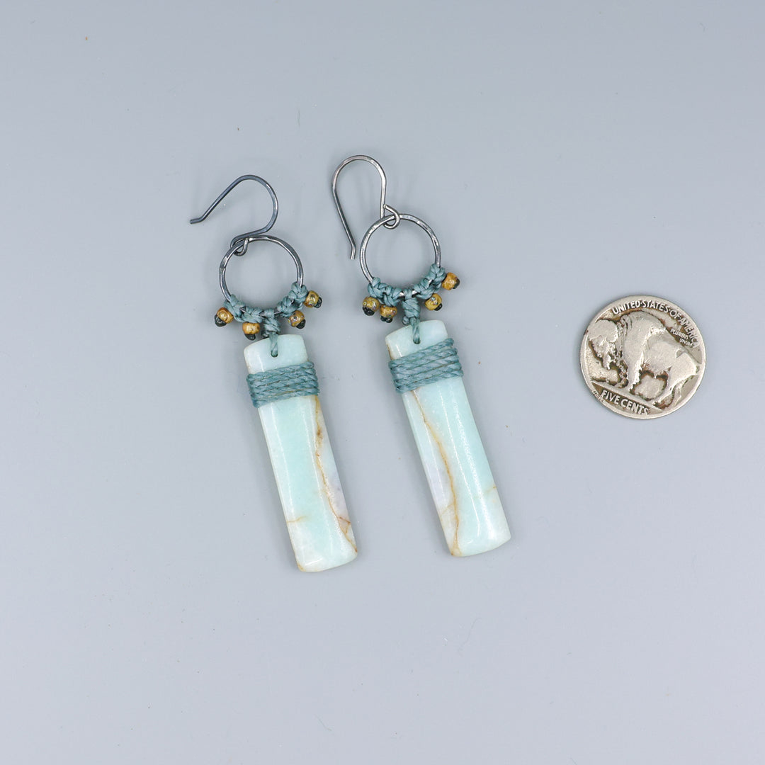 sedona inspired amazonite, sterling silver, macrame earrings with coin for size comparisson