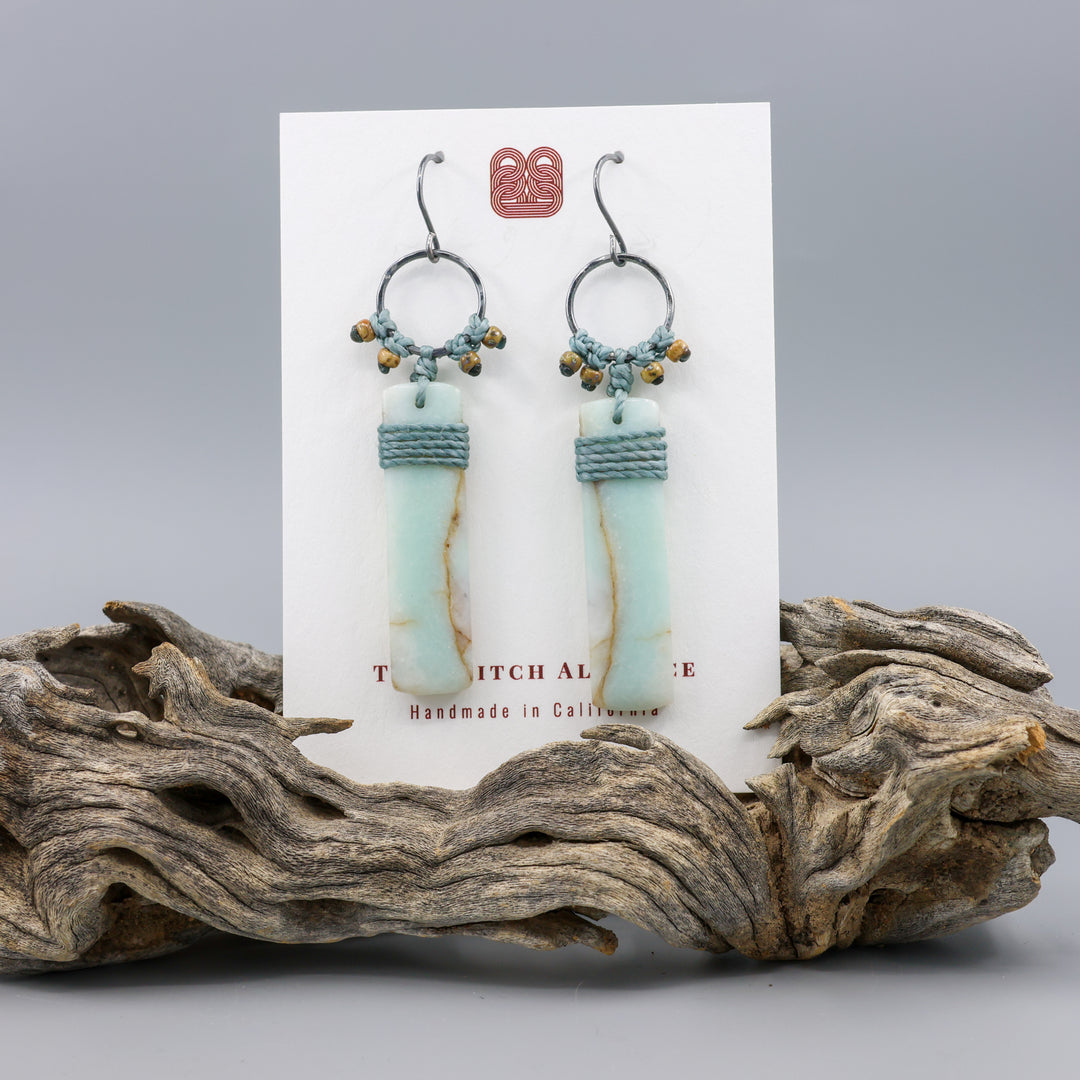 sedona inspired amazonite, sterling silver, macrame earrings on white card