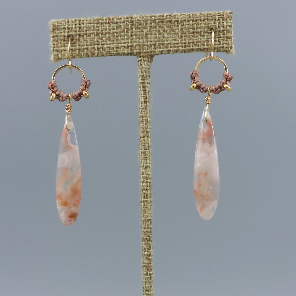 cherry blossom agate handmade macrame hoop earrings in gold fill