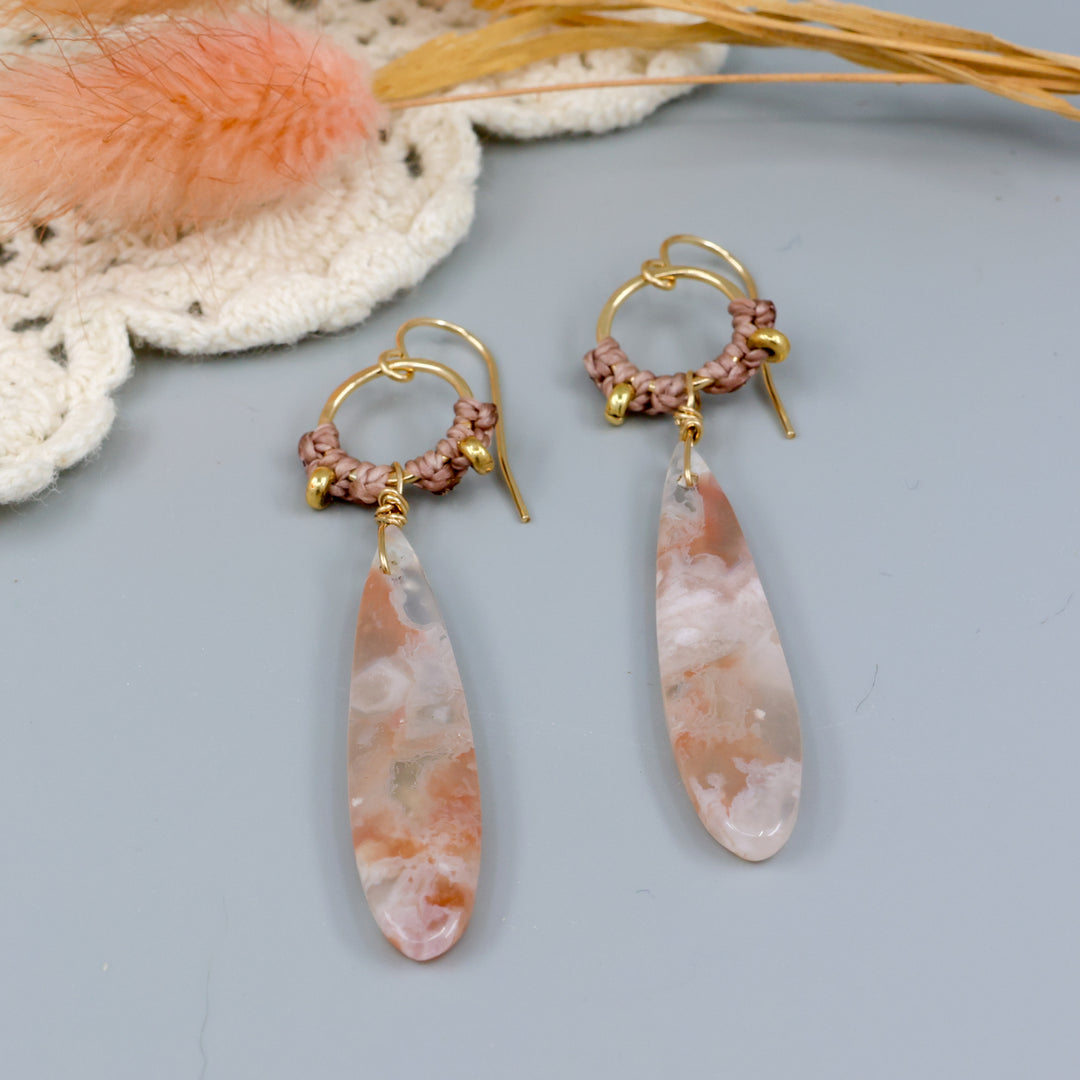 cherry blossom agate handmade macrame hoop earrings in gold fill detail view
