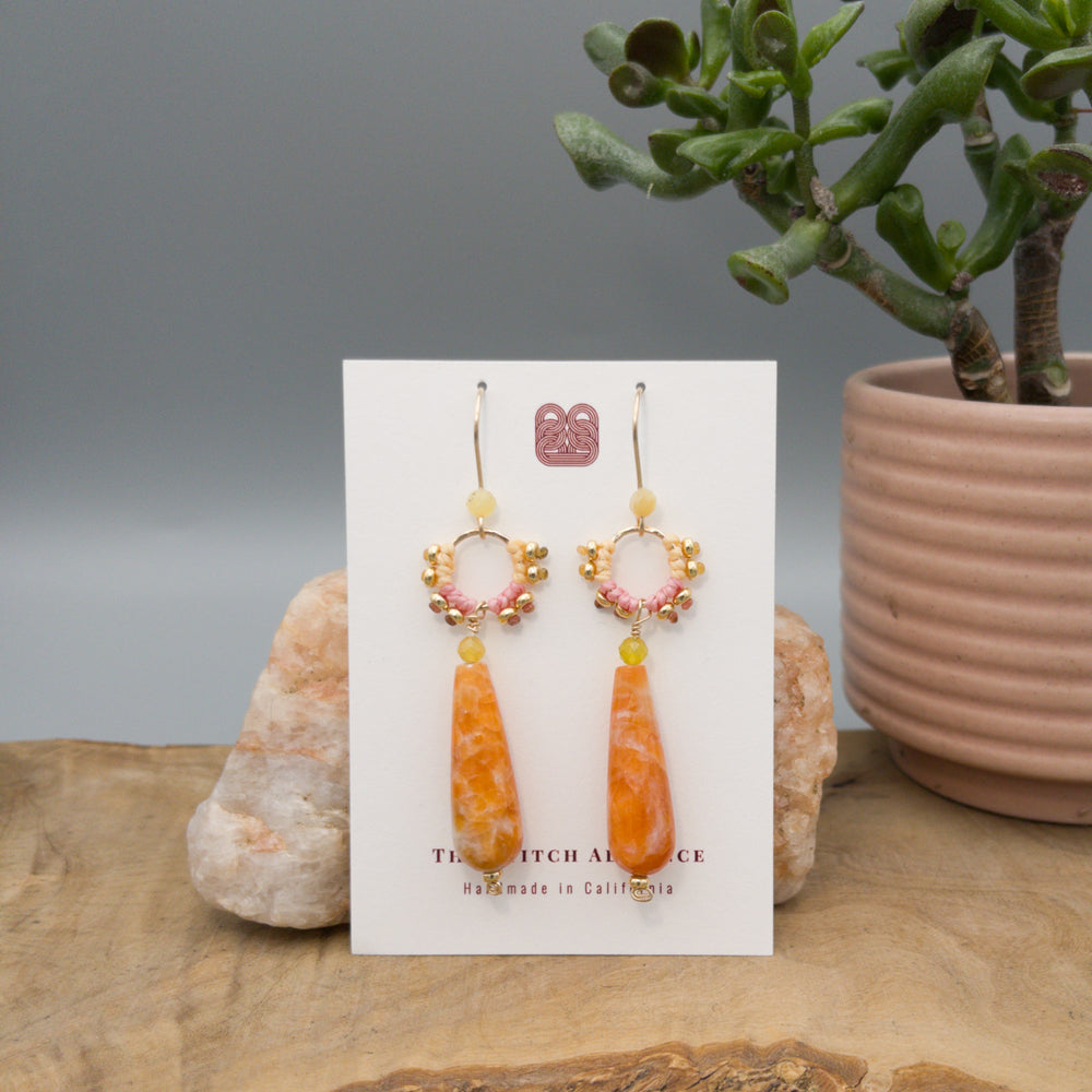 Sunstone bead statement earrings gold fill macrame on a white card