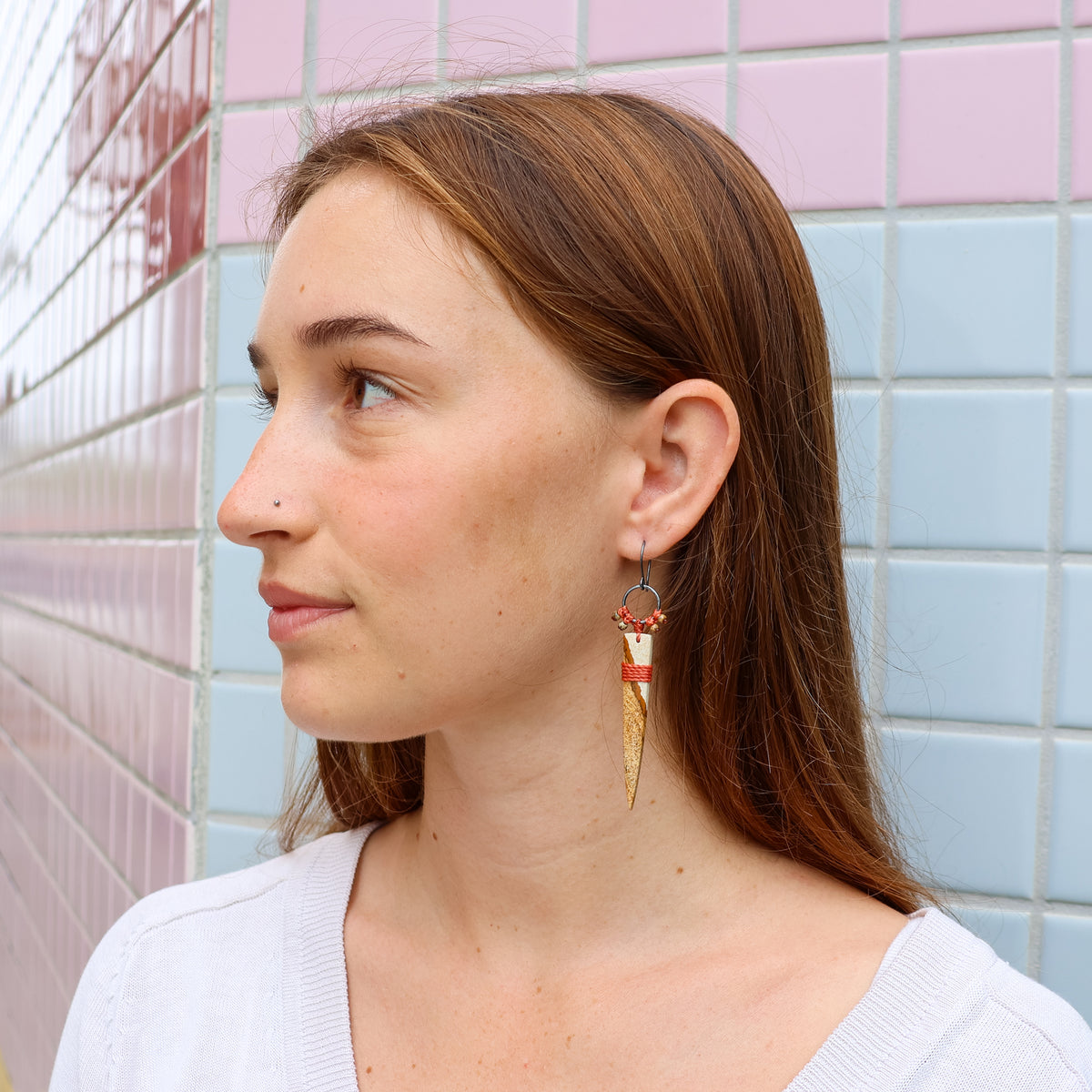 handmade picture jasper and oxidized sterling silver statement earrings worn on a model