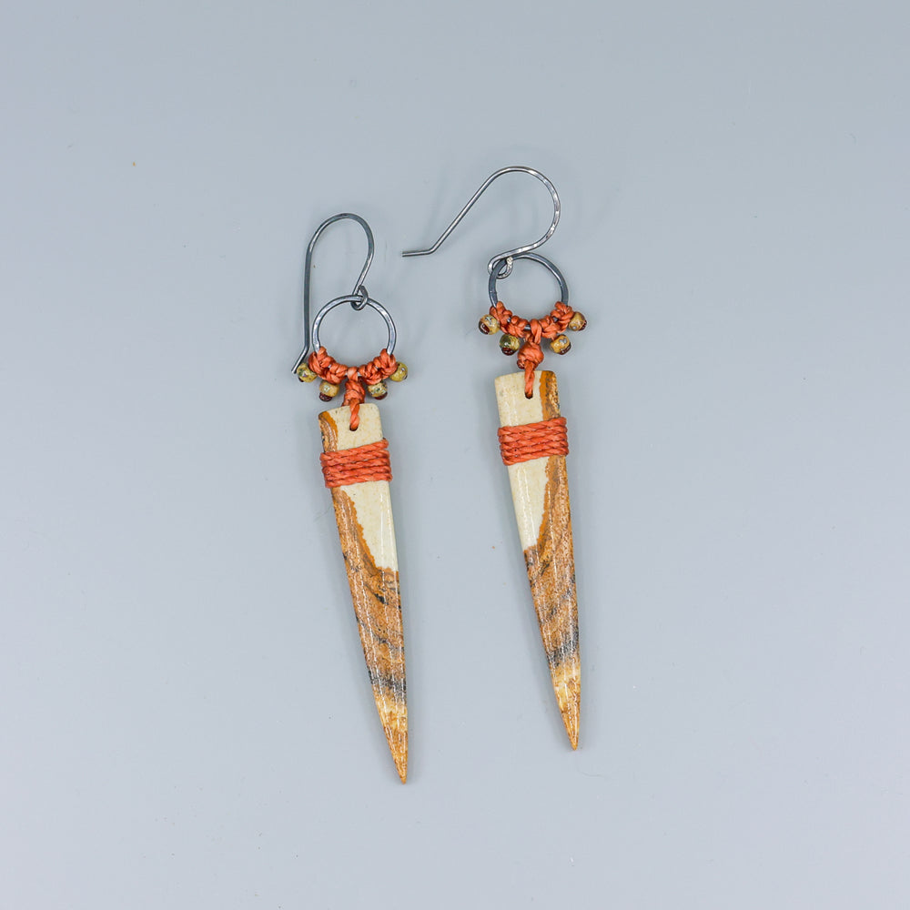 picture jasper, oxidized sterling silver, and macrame earrings on gray background