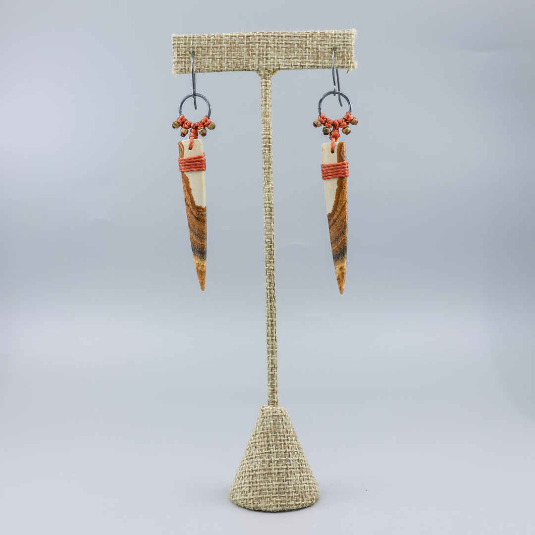 picture jasper, oxidized sterling silver, and macrame earrings on linen hanger