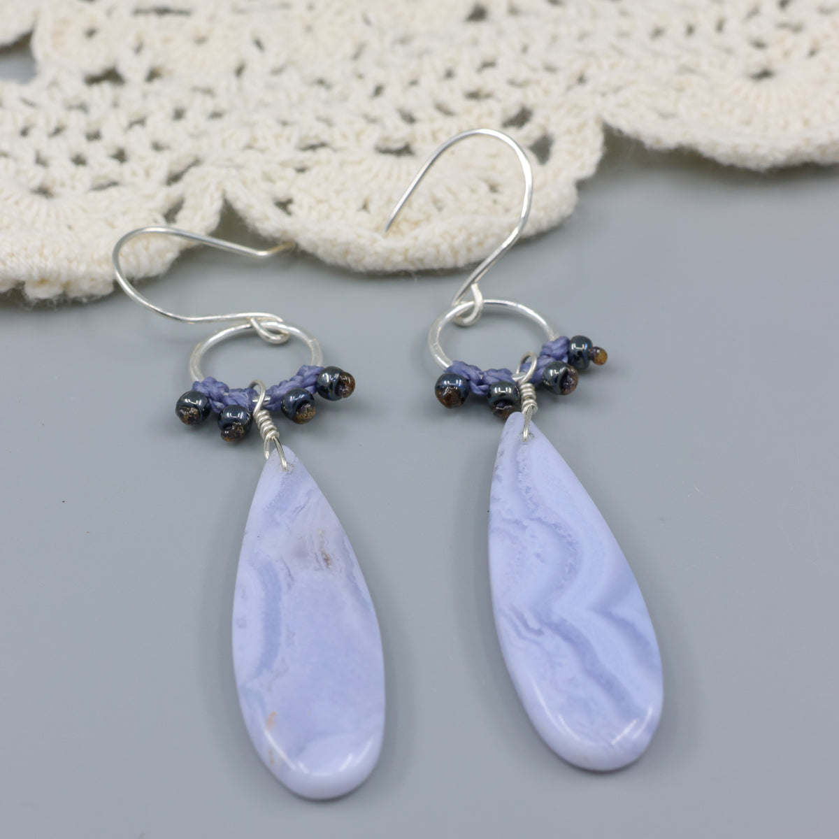 handmade, sterling silver and blue lace agate dangle earrings detail view