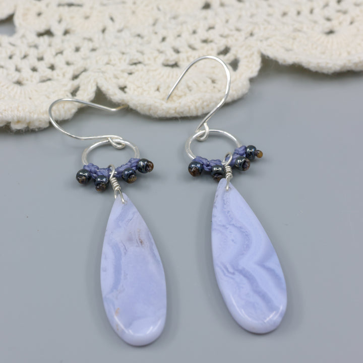 handmade, sterling silver and blue lace agate dangle earrings detail view