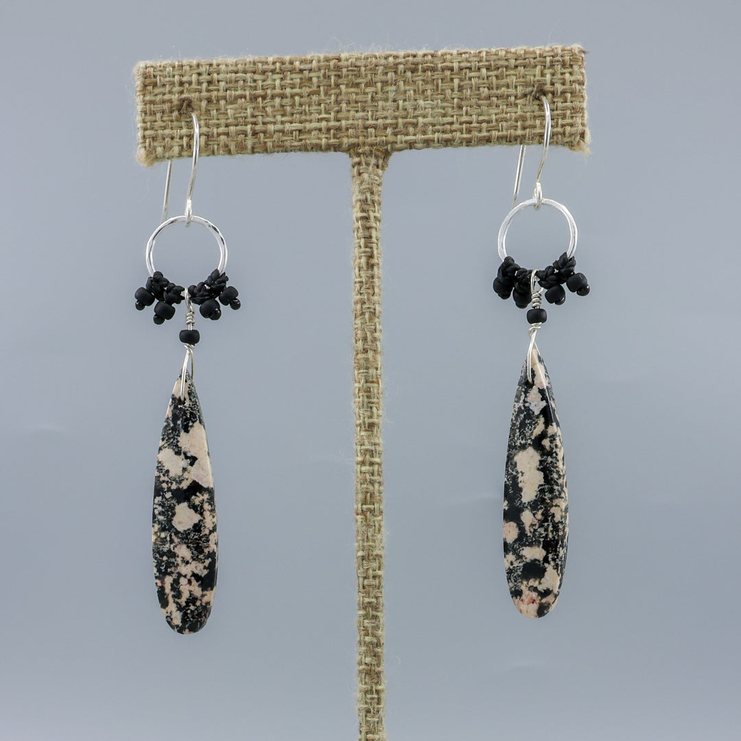 handmade snowflake obsidian sterling silver macrame earrings