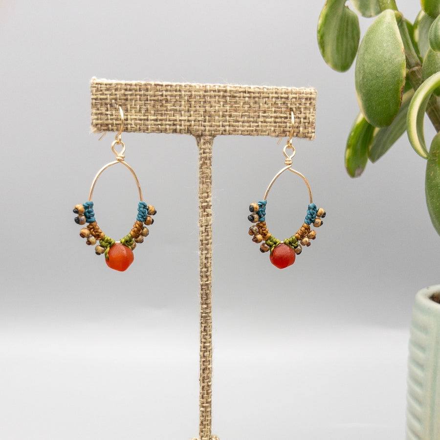 handmade, gold filled macrame hoop earrings with carnelian bead