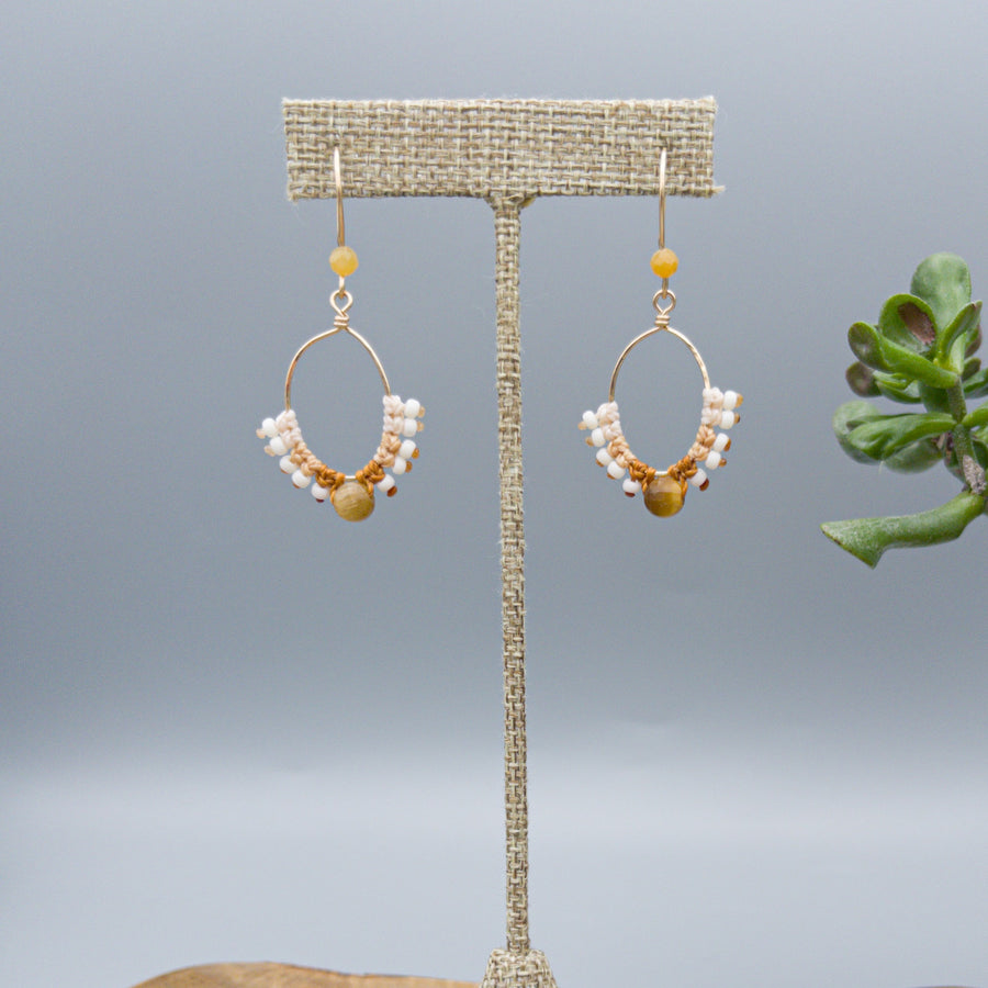 gold filled hoop earrings macrame with golden tiger eye faceted beads