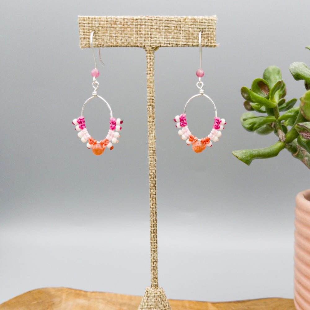 sterling silver pink macrame hoop earrings with sunstone bead