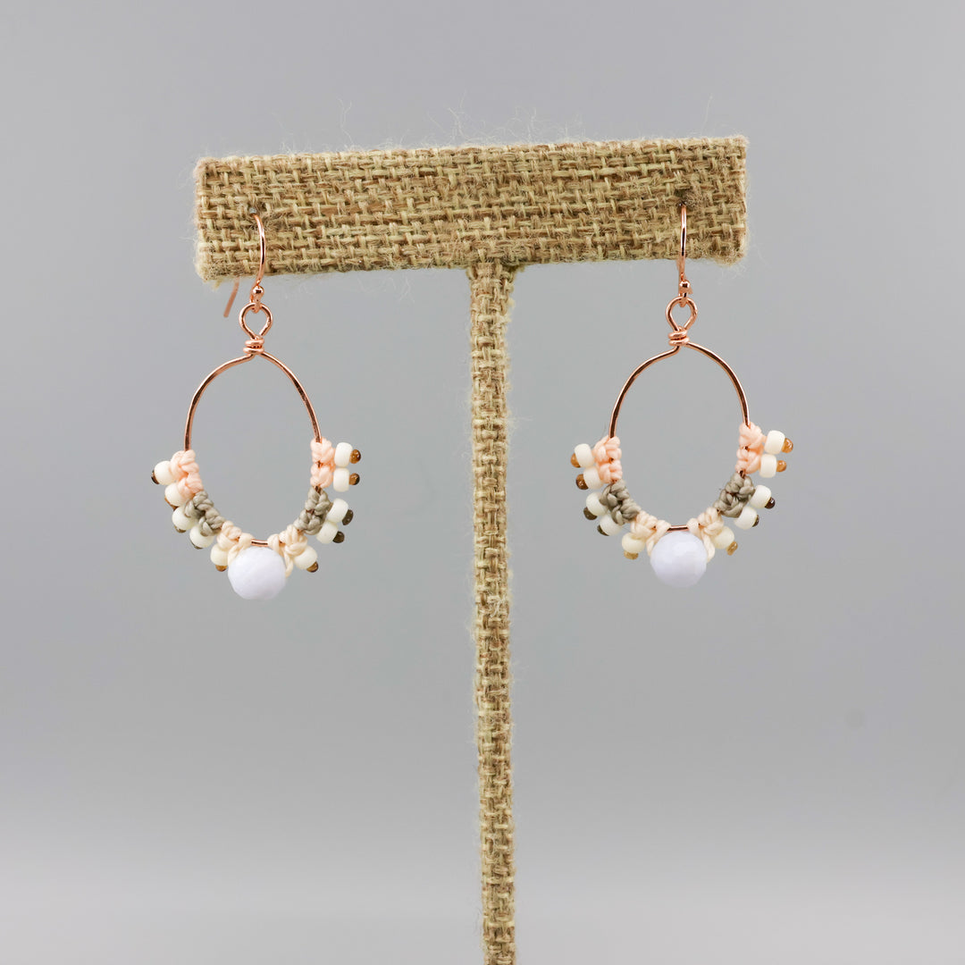 rose gold hoop earrings with blue lace agate bead and macrame